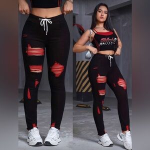 Stylish Black and Red Distressed Pants